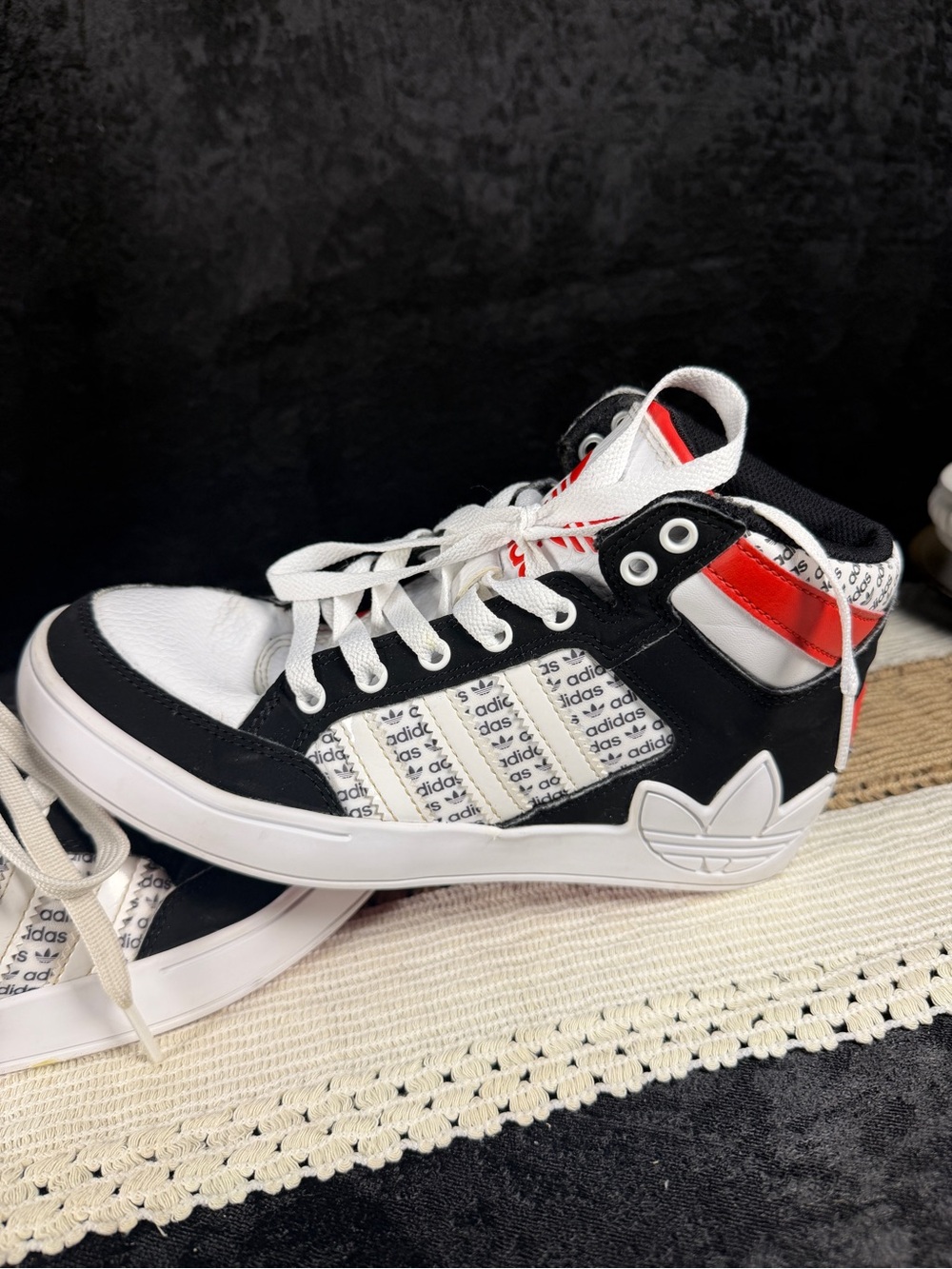 adidas Kids Black White Red High-Top Sneakers with Logo Stripes